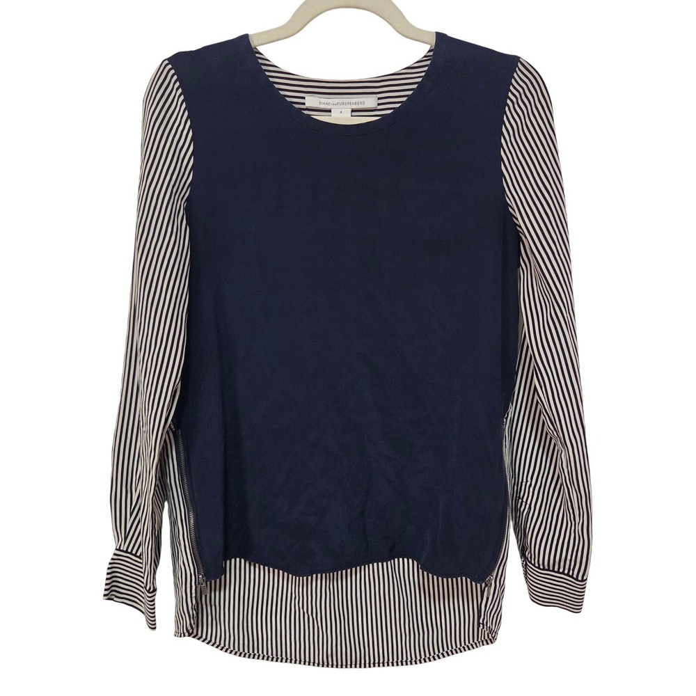 Diane Von Furstenberg Louisa Zip 100% Silk‎ Blouse Navy White Stripe Size 6